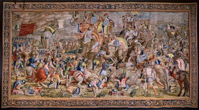flamländsk gobeläng. Serien The Acts of Scipio: Slaget vid Zama. Serietecknaren Giulio Romano. Atelier av Balthasar van Vlierden (?), Bryssel. 1523-1532. av Giulio (after) Romano