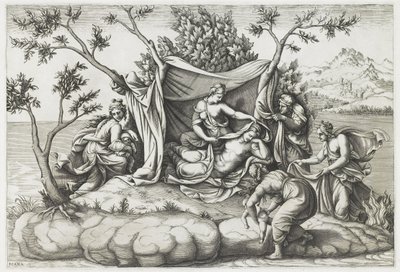 Latona föder Apollo och Diana, graverad av Diana Mantovana (f.1535), efter 1575 (gravyr) av Giulio (after) Romano