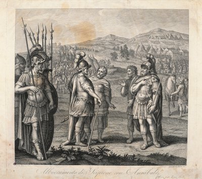 Möte mellan Hannibal och Scipio under de puniska krigen (etsning) av Giulio (after) Romano