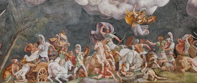 En strid, detalj, Den trojanska hästen, Trojas kammare (Sala di Troia) av Giulio (and workshop) Romano