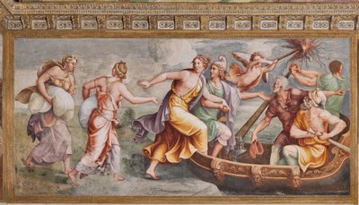 Bortförandet av Helen, den trojanska hästen, Trojas kammare (Sala di Troia) av Giulio (and workshop) Romano