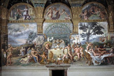 Den ädla banketten för att fira Amors och Psyches bröllop, södra väggen i Amors och Psyches rum, ca 1527-31 (fresk) av Giulio (and workshop) Romano