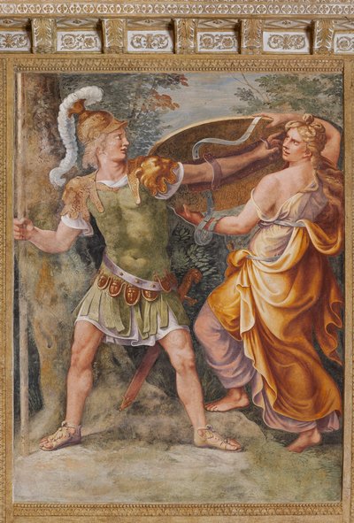 Thetis ger Achilles vapnen smidd av Hefaistos (Vulcan), Den trojanska hästen, Trojas kammare (Sala di Troia) av Giulio (and workshop) Romano