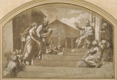 Martha tar med Maria Magdalena till Kristus (penna och bläck på papper) av Giulio (attr. to) Romano