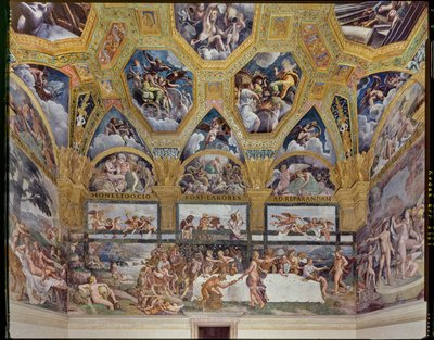 Room of Psiche: utsikt över den västra väggen, med den rustika banketten (fresk) av Giulio (workshop of) Romano