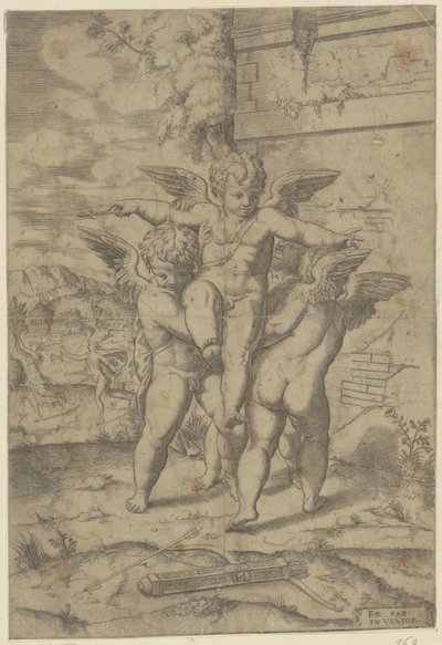 Amor och tre putti av Giulio Bonasone (attributed to)
