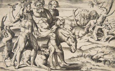 En berusad Silenus som rider på en åsna som stöds av satyrer, 1531-76. av Giulio Bonasone