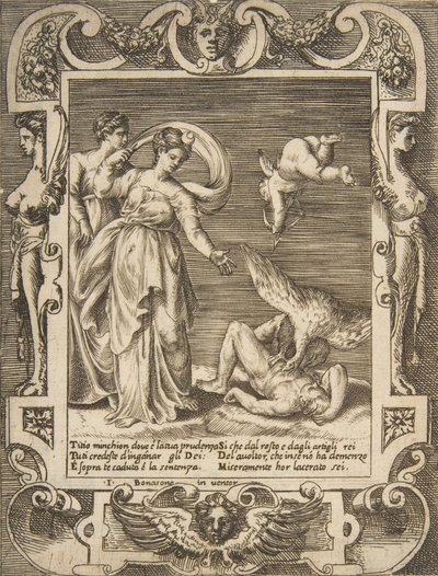 En gam som äter Titius inälvor, Amor ovanför två kvinnor till vänster, satt inom en..., 1531-76. av Giulio Bonasone