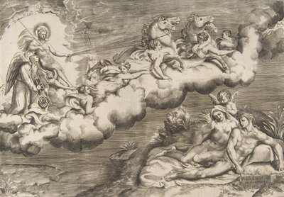 En allegori över den uppgående solen, en naken man som bär en hölje och åtföljd Fader Tid..., 1531-76. av Giulio Bonasone