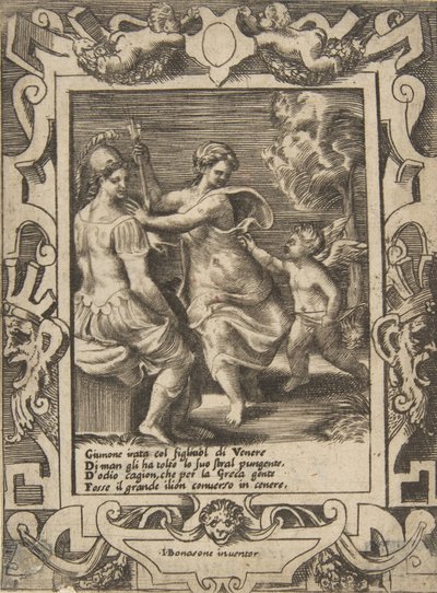 Athena satt nära Juno som har tagit bort Amors pilar, satt inom en utarbetad ram..., 1531-76. av Giulio Bonasone