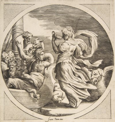 Cirka dricker ur en kopp med Ulysses följeslagare i en båt till vänster, ett cirkulär ..., 1531-76. av Giulio Bonasone