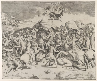 Konstantin besegrar tyrannen Maxentius, änglar som bär svärd flyger ovanför, 1544., 1544. av Giulio Bonasone