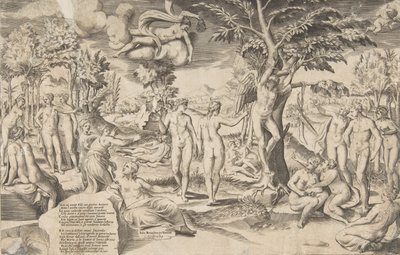 Amor i Elysian Fields bunden till ett träd i mitten, omgav mina många figurer, 1563. av Giulio Bonasone