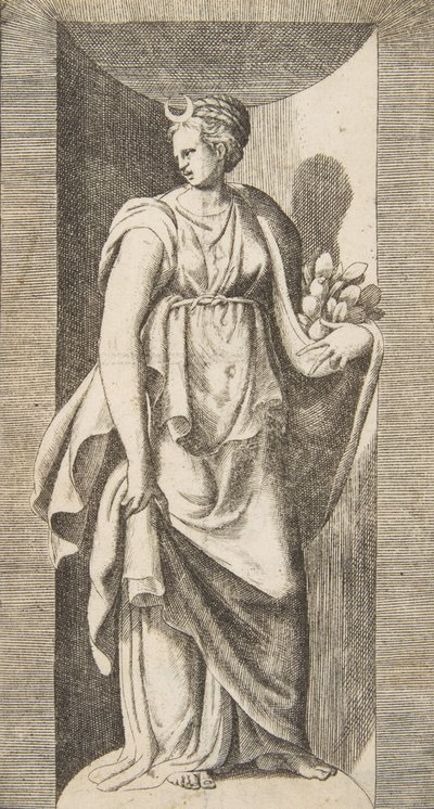 Diana håller frukt i sin vänstra hand stående inom en nisch, ca. 1531-76. av Giulio Bonasone