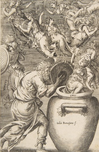 Epimetheus öppnar Pandoras ask, 1531-76. av Giulio Bonasone