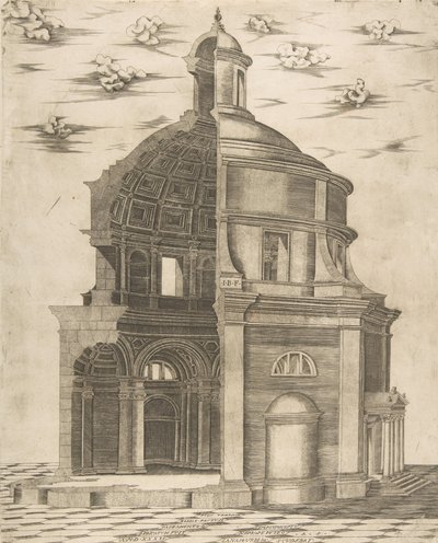 Exteriör och inre del av ett tempel i Rom tillägnad Neptunus, 1541. av Giulio Bonasone