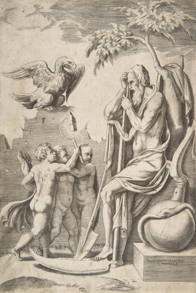 Fader Tid till höger lutad på en lie, tre nakna pojkar och örn till vänster, 1..., 1531-76. av Giulio Bonasone