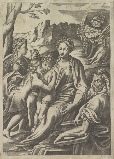 Helig familj med unga Johannes Döparen och Maria Magdalena av Giulio Bonasone
