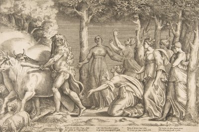 Herkules driver bort boskapen i Geryon, till höger är nymferna från Hesperides, ..., 1531-76. av Giulio Bonasone