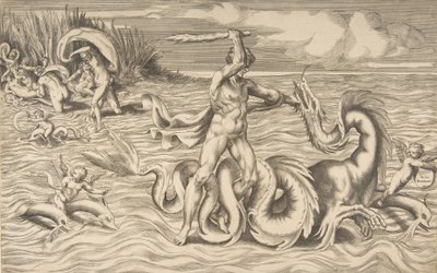 Hercules slåss mot en drake i mitten, Achelous bär bort Deianeira uppe till vänster, 1531-76. av Giulio Bonasone