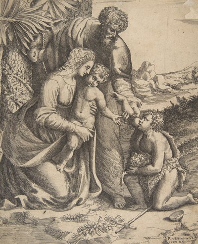 Helig familj med Johannes Döparen som knäböjer till höger, 1531-76. av Giulio Bonasone