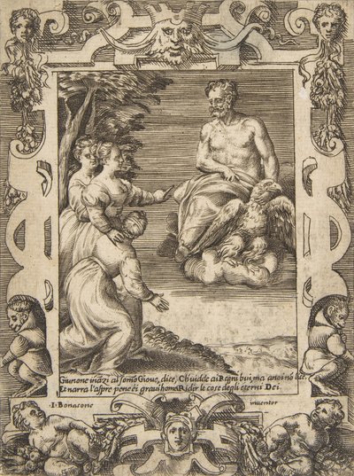 Juno till vänster ber Jupiter att hjälpa grekerna, satt inom en utarbetad ram, från 