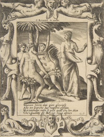 Juno till höger vänder sig och talar till öden, placerad inom en utarbetad ram, fr..., 1531-76. av Giulio Bonasone