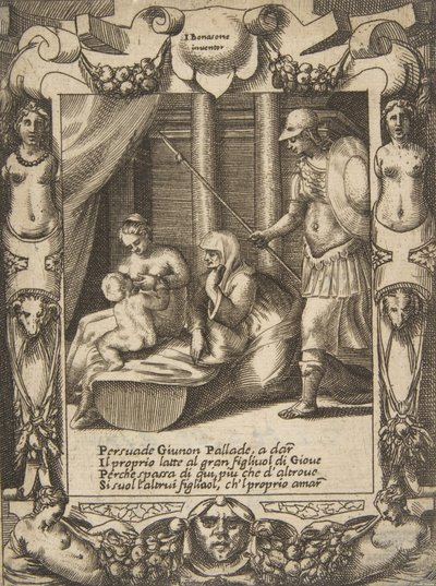 Juno övertalar Athena att vårda den unge Hercules, placerad inom en utarbetad ram, från..., 1531-76. av Giulio Bonasone