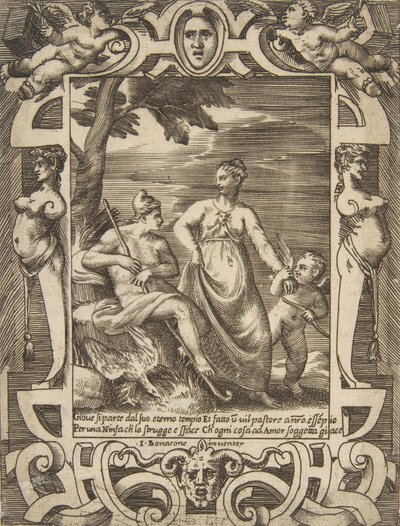 Jupiter till vänster i form av en herde åtföljd av Mnemosyne, utspelad i en elabo..., 1531-76. av Giulio Bonasone