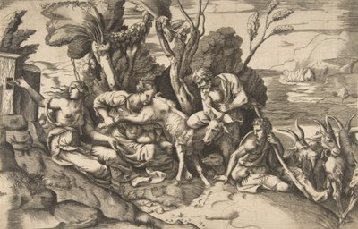 Jupiter diades av geten Amalthea, 1531-76.. av Giulio Bonasone