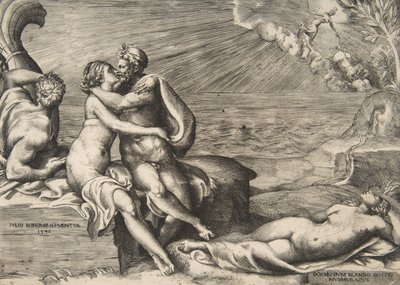 Jupiters kärlek till Juno återuppstod när hon tog på sig Venus gördel, 1546. av Giulio Bonasone