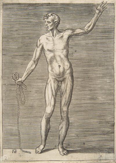 Man sedd framifrån, håller ett rep i sin högra hand, 1500-talet. av Giulio Bonasone