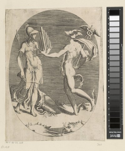 Mercury ger Minerva en panflöjt av Giulio Bonasone