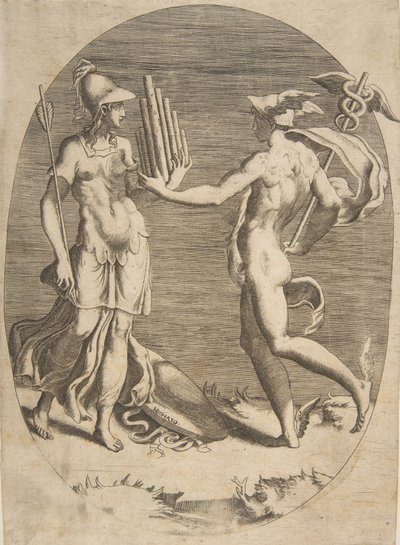 Merkurius presenterar en pannpipa för Minerva som står till vänster, en oval sammansättning, 1531-76. av Giulio Bonasone