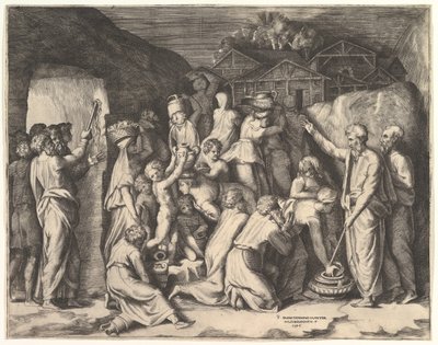 Moses säger åt israeliterna att samla manna och Moses slår klippan. av Giulio Bonasone