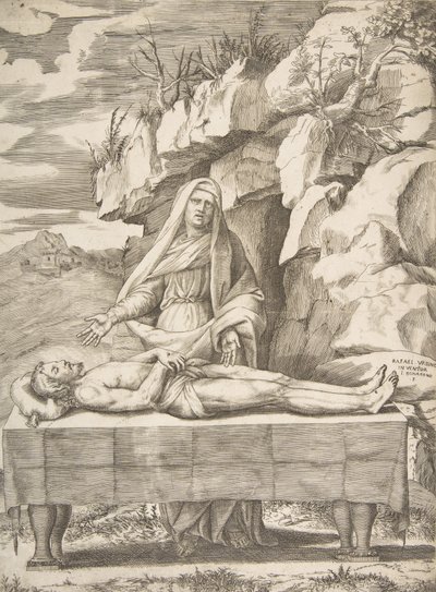 Pieta, Kristus utsträckt på ett bord i ett landskap, Jungfrun stående bakom vapen ..., 1531-76. av Giulio Bonasone
