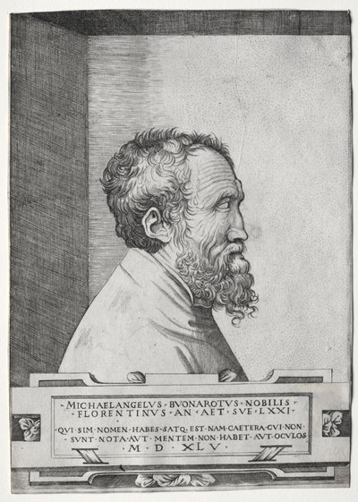 Porträtt av Michelangelo i profil vänd åt höger av Giulio Bonasone