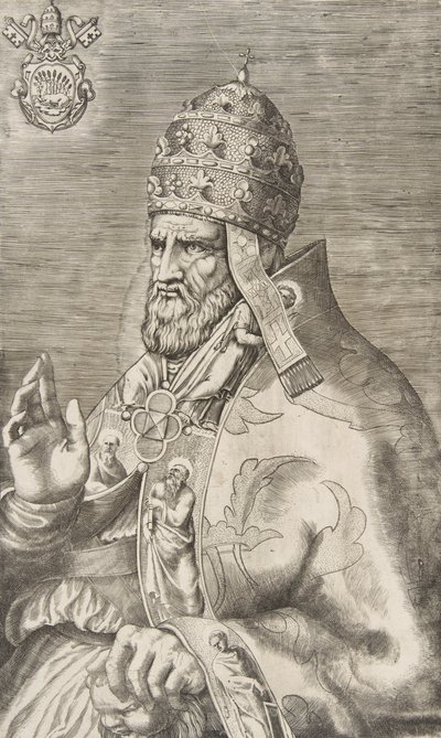 Porträtt av påven Marcellus II, höger hand upphöjd mot vänster, ca. 1555. av Giulio Bonasone
