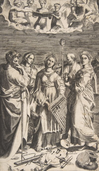 Sankta Cecilia står i centrum tillsammans med Sankt Paulus, Magdalena, Sankt Johannes ..., 1531. av Giulio Bonasone