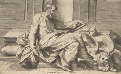 Sankt Markus skriver sitt evangelium, bevingat lejon till höger, 1531-76. av Giulio Bonasone