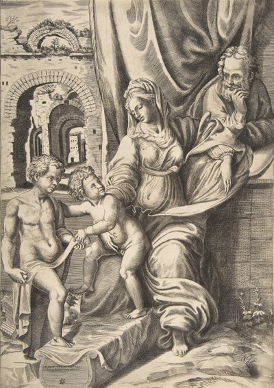 Den heliga familjen och spädbarnet Johannes döparen, 1531-76., 1531-76. av Giulio Bonasone