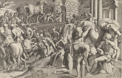 Trojanerna drar in trähästen till Troja, 1545. av Giulio Bonasone