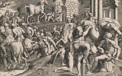Trojanerna drar trähästen in i staden, 1545. av Giulio Bonasone