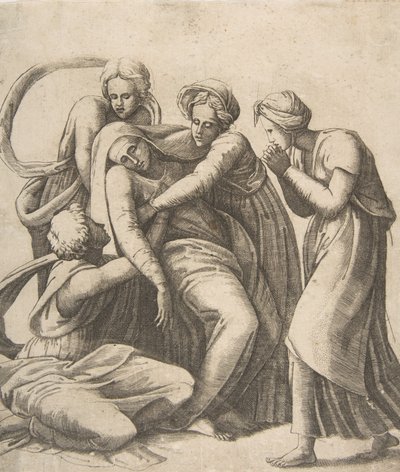 Jungfrun svimmar och får stöd i de heliga kvinnornas armar, 1531-76. av Giulio Bonasone