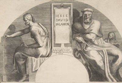 Kristi förfäder flankerande en inskriven tavla, en välvd toppkomposition, 1531-76. av Giulio Bonasone