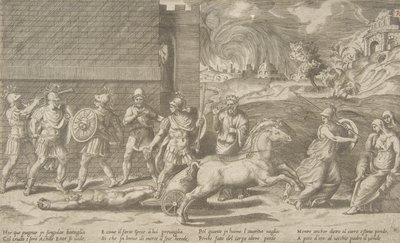Striden mellan Hector och Achilles, och Achilles som släpar Hectors kropp runt ..., 1531-76. av Giulio Bonasone