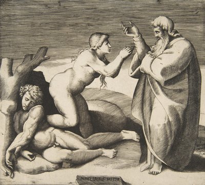 Skapelsen av Eva som kommer fram bakom Adam, ca. 1530-70. av Giulio Bonasone
