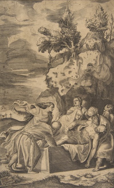Kristi gravläggning, korsen på Golgata synliga i vänster bakgrund, 1563. av Giulio Bonasone