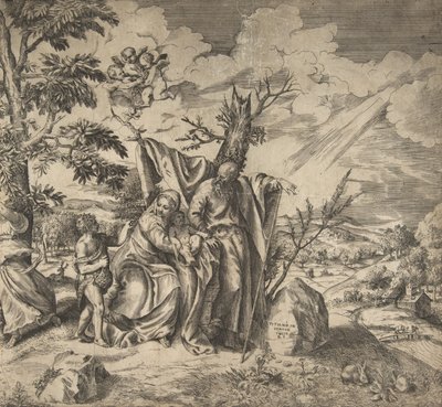 Resten av den heliga familjen på deras flykt till Egypten, 1531-76. av Giulio Bonasone