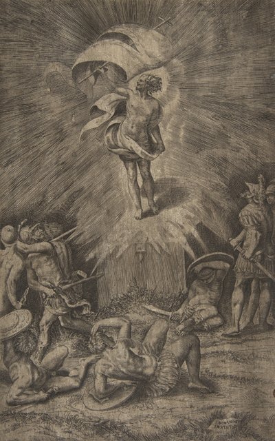 Kristi uppståndelse, med en banderoll i sin högra hand, soldater som omger t..., 1561. av Giulio Bonasone